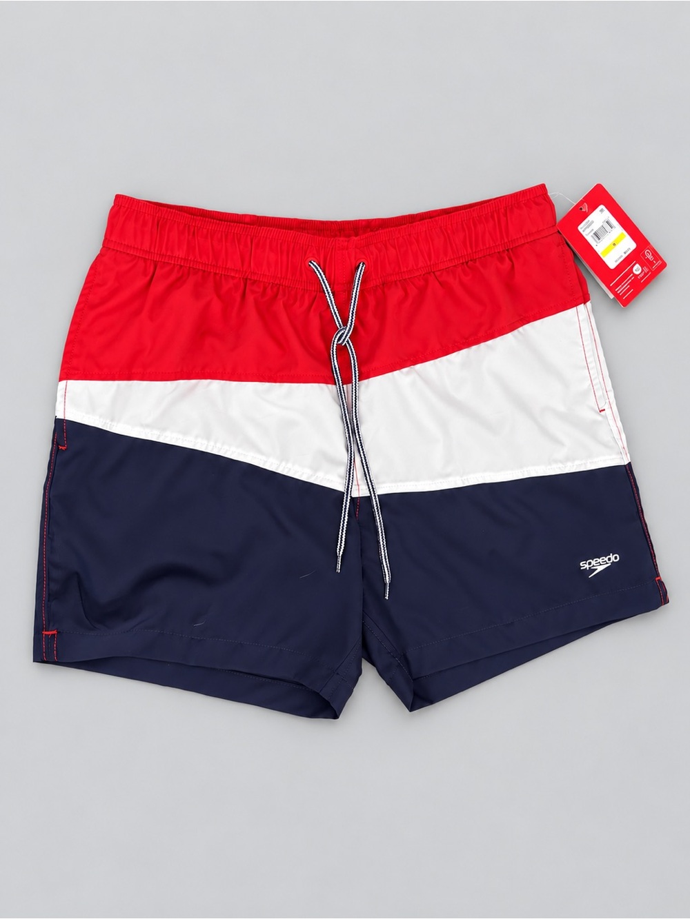 Speedo Men’s Medium Swim Trunks 5.5” Red White Navy Colorblock NWT